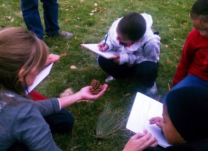 A preservice teacher from the education department at Metropolitan State University in Denver shows Colfax Elementary School students a pine cone as part of a Project Learning Tree activity, Name That Tree, in Sloan's Lake Park