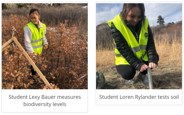 Student Lexy Bauer measures biodiversity levels while student Loren Rylander tests soil