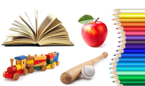 Wooden toy, apple, book, baseball bat, and colored pencils