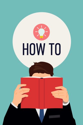 illustration of a man reading a book with "How To" above his head