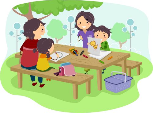 Illustration of a Family with Kids trying out a project learning tree outdoor activity