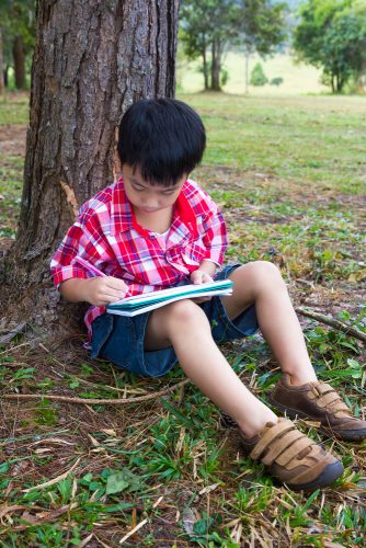 young-child-writes-in-a-notebook-beneath-a-tree