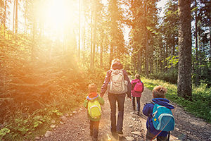 Family walking in forest