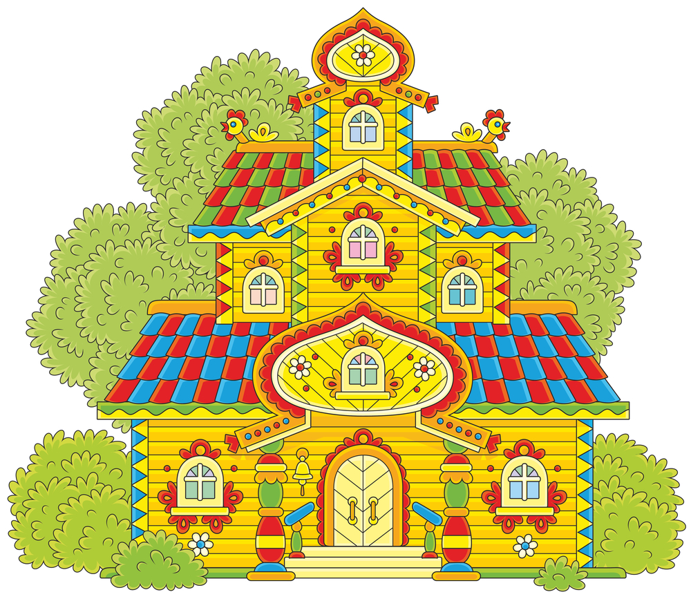 Colorful illustration of a traditional Russian house made of wood