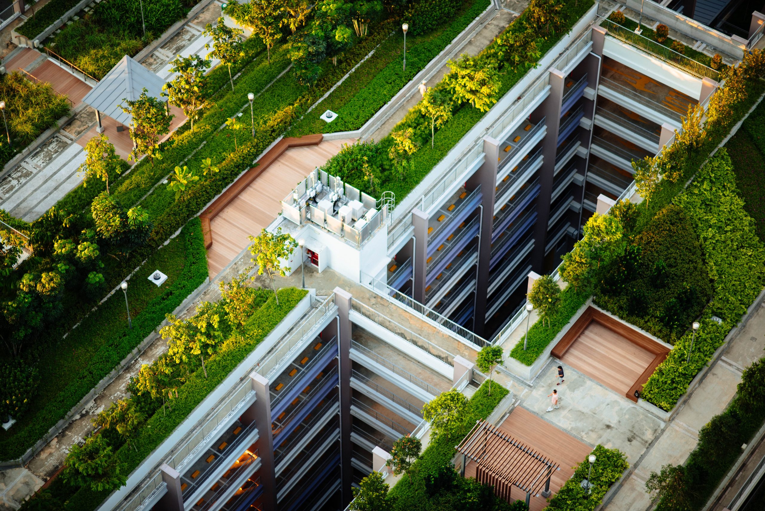 Parking ramp with plants on the rooftop