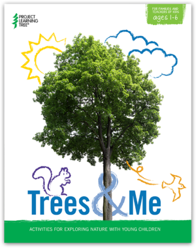 front cover of trees and me. a tree in the center of the image with illustrations of a squirrel, the sun, clouds, and bird around the tree with the words "Trees and Me"