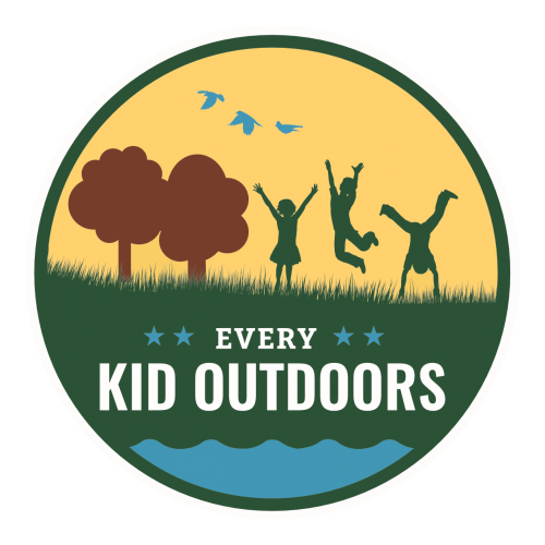 every kid outdoors logo 3 young children playing in grasses forests near water with birds flying overhead