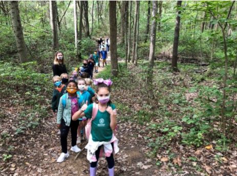 children walk through a forest