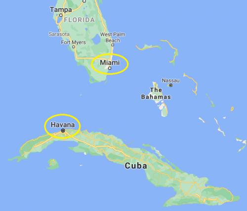map highlighting the short distance between miami, florida and havana, cuba