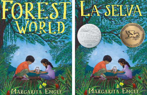 cover photo of Forest World La Selva book by Margarita Engle two young children sit huddled on the forest floor