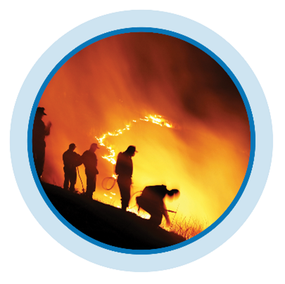 blue circle with a photo of silhouetted firefighters