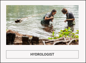 two young people wade in a river with hydrologist written below the photo