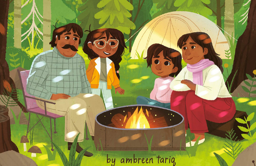 cover of fatimas great outdoors book a young girl with her sister father and mother huddle by a fire in a forest