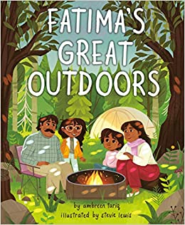 cover of fatimas great outdoors book a young girl with her sister father and mother huddle by a fire in a forest