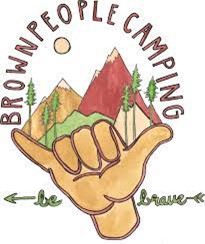 hand drawl illustration of a hand with pinkie and thumb out with mountains and the text brown people camping be brave