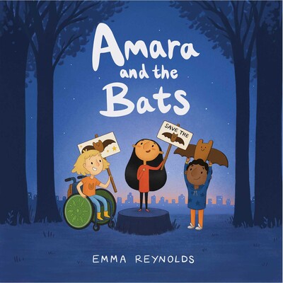 Amata and the Bats book cover illustration of three girls holding signs for save the bats