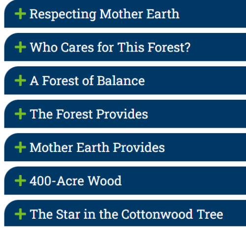 graphic detailing the names of the 7 adapted lessons: Respecting Mother Earth, Who Cares for This Forest, A Forest of Balance, The Forest Provides, 400-Acre Wood, and the Star in the Cottonwood Tree