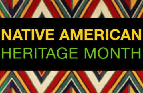 graphic of native american heritage month with a woven blanket around the border