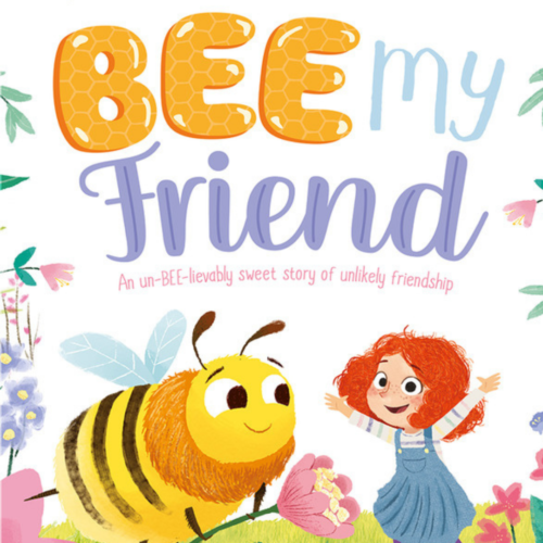 cover photo of bee my friend. A honey bee left aligned holding a flower smiling at a young red-headed girl