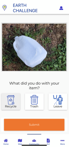 photo on a smartphone of plastic jug on the ground with the question what did you do with your item and three options. The first recycle the second trash and the third leave with a submit button