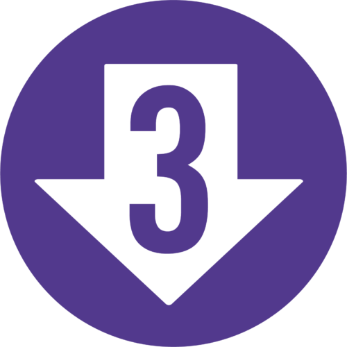 white arrow pointing downward with the number 3 inside a purple circle