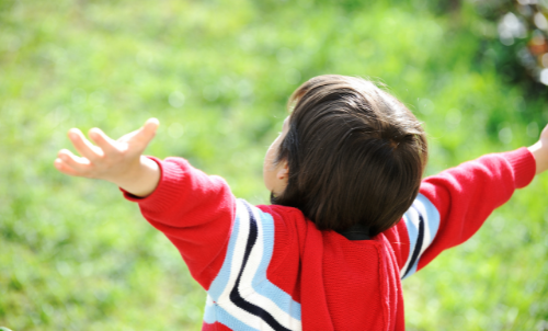 Young boy wearing a red sweater stretching his arms like wings
