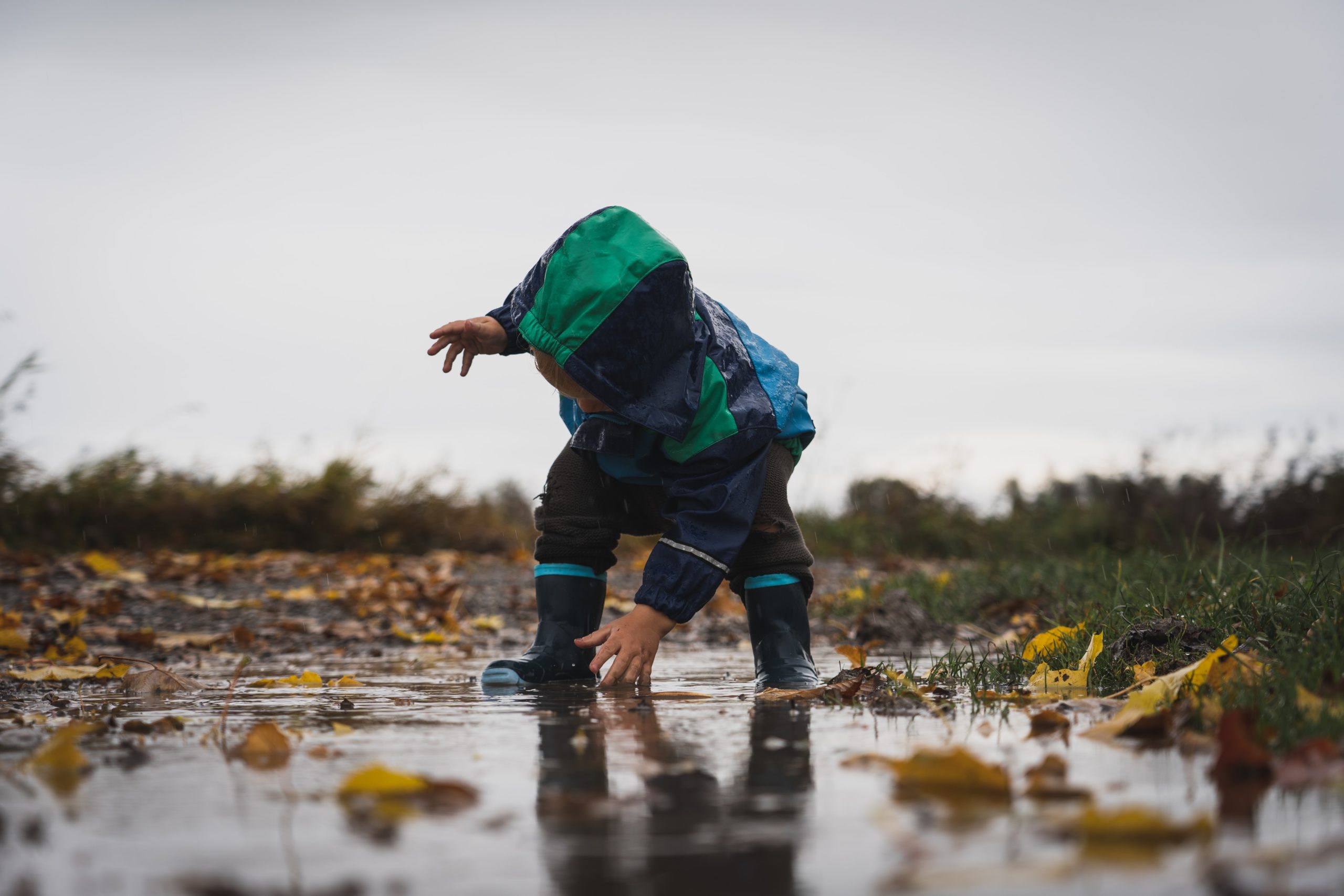 Toddler in a rain jacket touching water on the ground