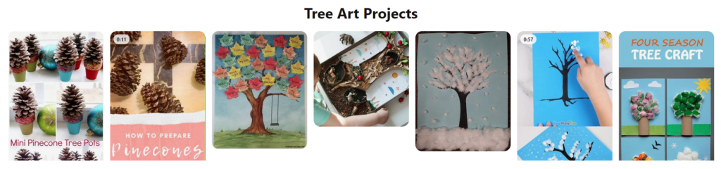 seven different art project tiles using leaves and recycled objects