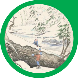 two young kids playing around a fallen tree during a snow storm