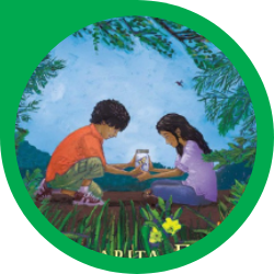 2 young children kneeling over a jar in the forest