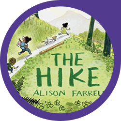 3 cartoon-style illustrated kids running on a trail through the woods with the text the hike