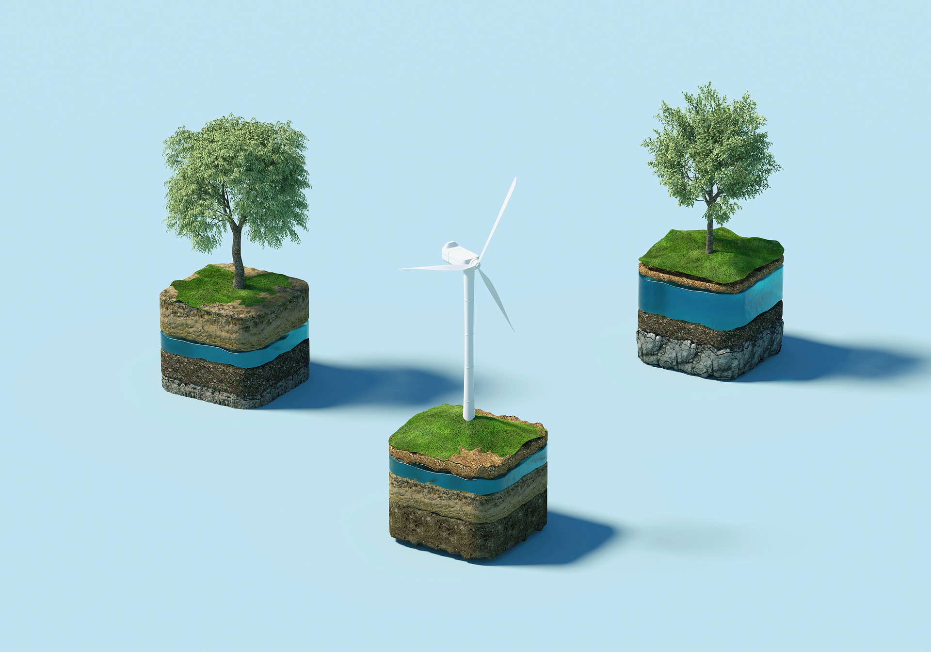 Cross sections of earth with trees and a wind turbine on top