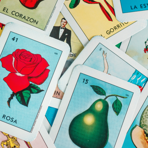 a pear and rose Lotería Card