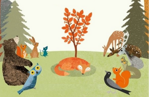 tree grows from a fox lying down surrounded by forest friends