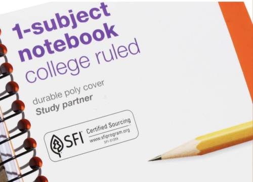 college ruled notebook with SFI certified sourcing label