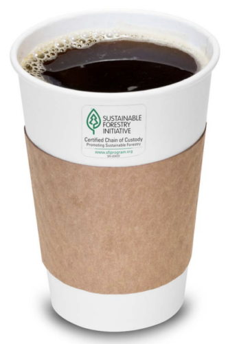 paper cup with SFI chain of custody certification label